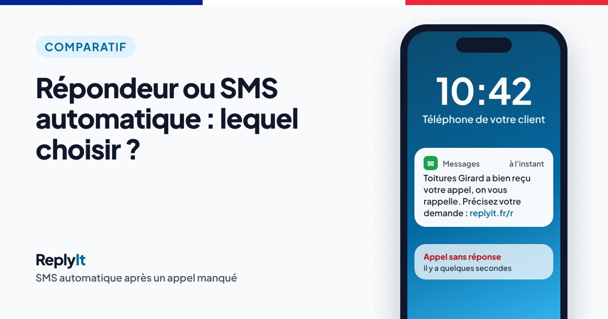 Répondeur ou SMS automatique : SMS reçu par un client après un appel manqué chez un artisan, « Toitures Girard a bien reçu votre appel, on vous rappelle »